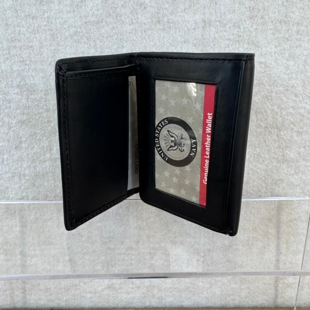 US Navy Black Genuine Leather Mens Trifold Wallet Embossed NWT - Picture 2 of 11